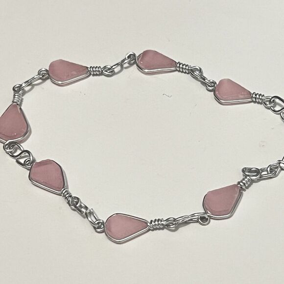 Rose Quartz Conch Shell Teardrop Stone Handmade Silver Chain Bracelet - Picture 2 of 3